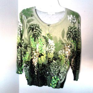 Joseph A Cardigan Sweater Green Foliage Design Med